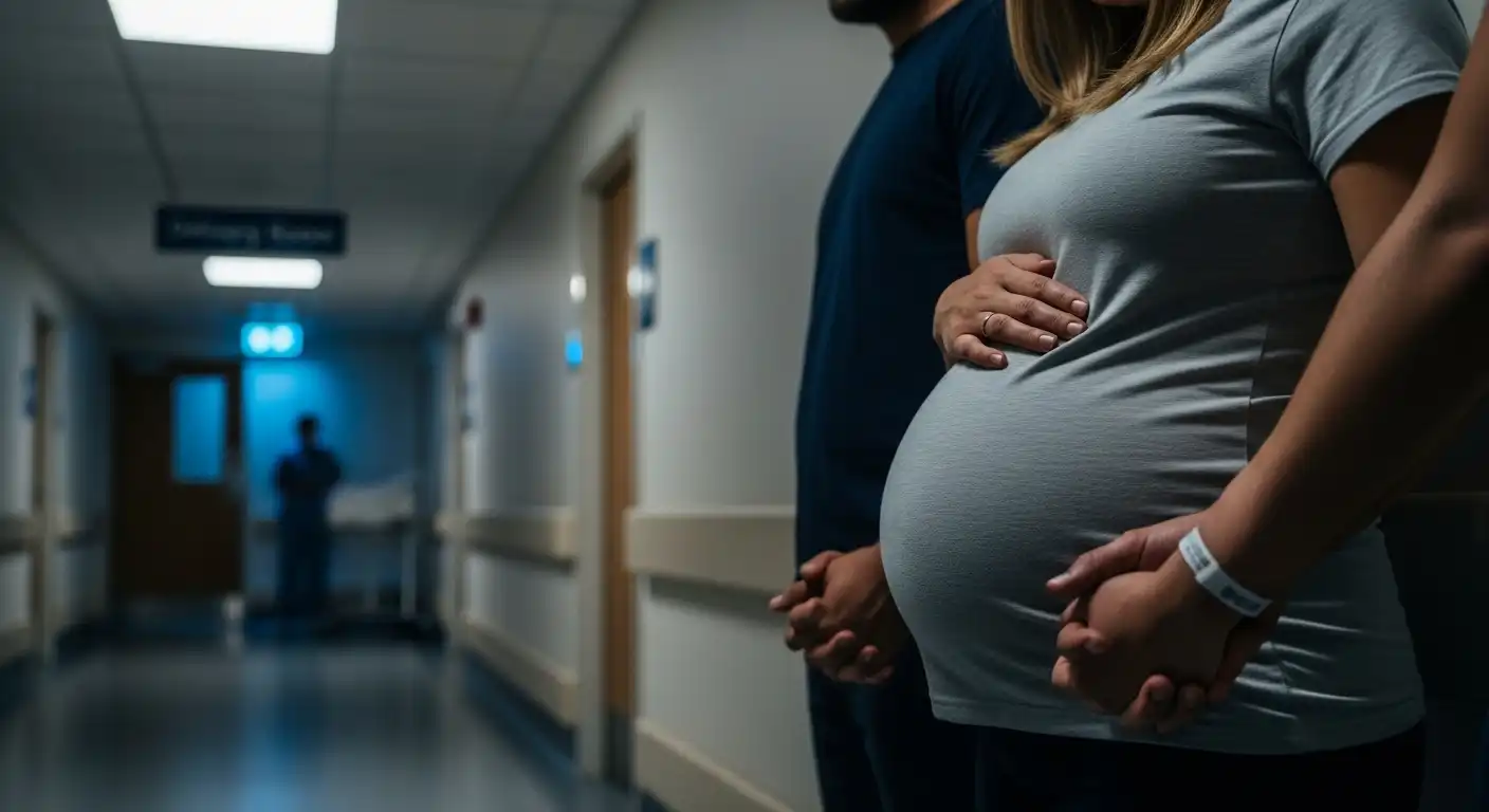 A close-up side profile of a pregnant woman and her partner standing in a dimly lit hospital corridor, conveying a somber or anxious atmosphere, often associated with birth injury or medical malpractice concerns.