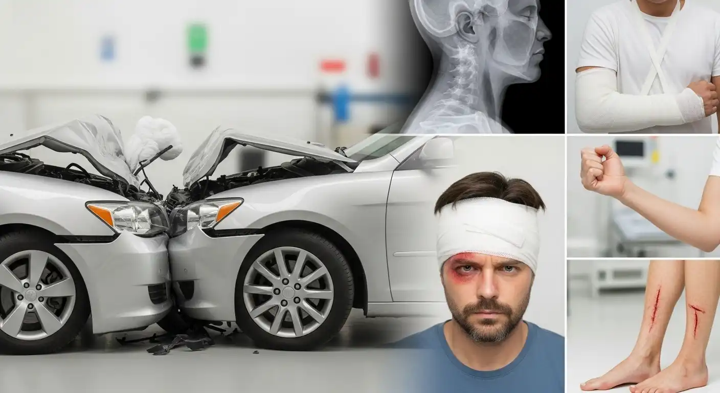 A collage featuring a head-on car collision with deployed airbags, a neck X-ray, and various personal injuries including a head bandage with a black eye, a cast on an arm, and lacerations on legs.