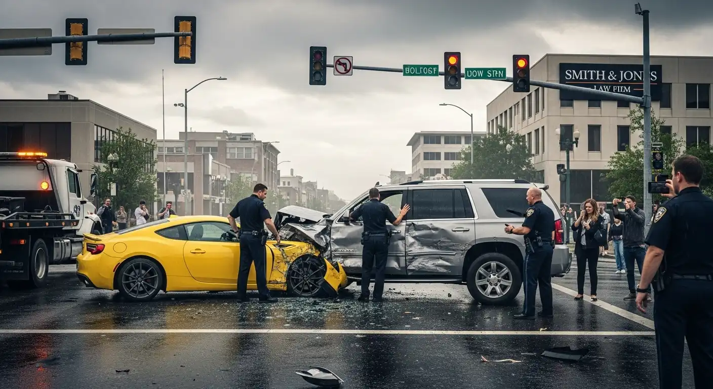 A yellow sports car and a silver SUV involved in a T-bone collision at a city intersection with police officers on the scene, a tow truck in the background, and a law firm building visible.
