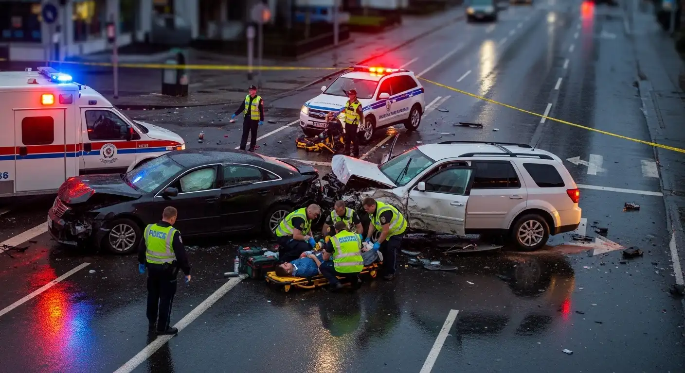 An overhead view of a car accident scene on a wet road with paramedics treating a victim on a stretcher, a wrecked black sedan and white SUV, and emergency vehicles with flashing lights.