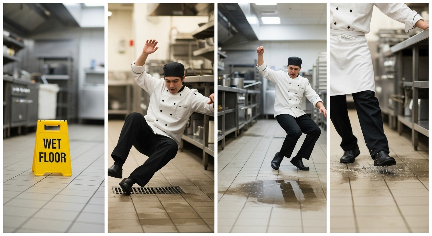 A four-panel sequence showing a chef in a white uniform slipping on a wet floor in a professional kitchen; a yellow "Wet Floor" sign is visible, and the final panel shows a close-up of a foot splashing into a large puddle of water on the tile floor.