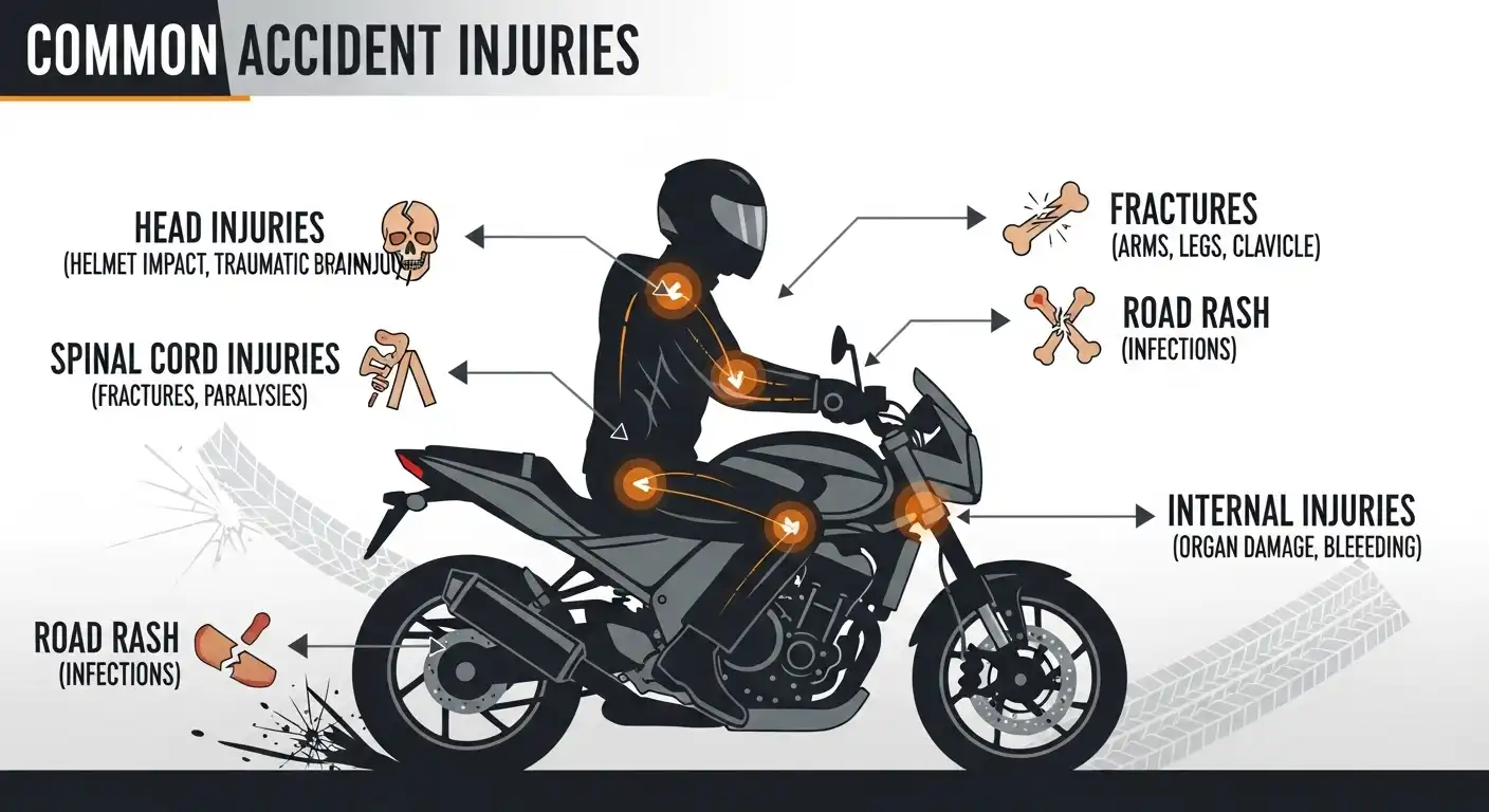 An infographic illustrating common motorcycle accident injuries including head injuries, spinal cord injuries, fractures, road rash, and internal organ damage with a silhouette of a rider on a motorcycle.
