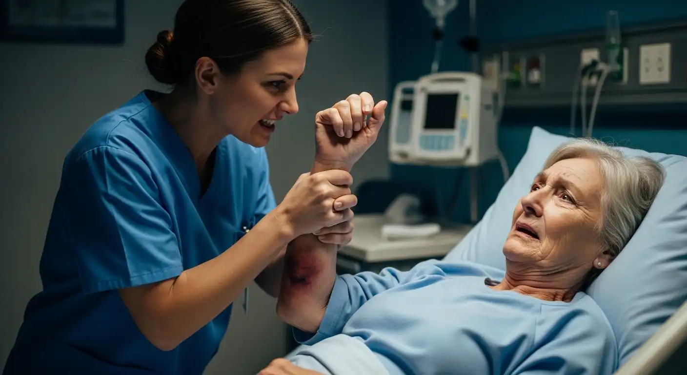 A distressing scene in a hospital room where a medical worker is aggressively grabbing the bruised arm of an elderly female patient lying in bed, illustrating themes of elder abuse, nursing home negligence, and medical malpractice.
