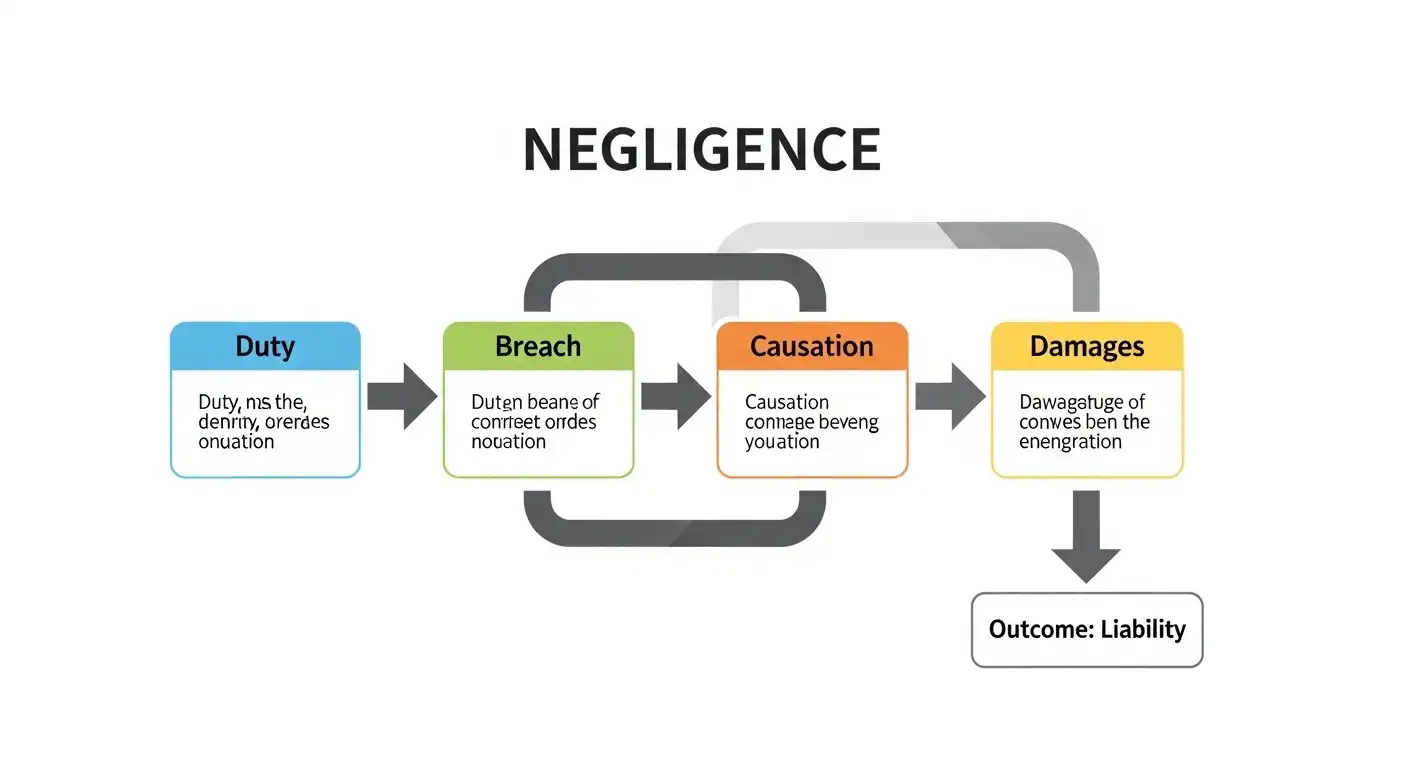 A colorful flowchart illustrating the four elements of negligence: Duty, Breach, Causation, and Damages, leading to the outcome of legal Liability.