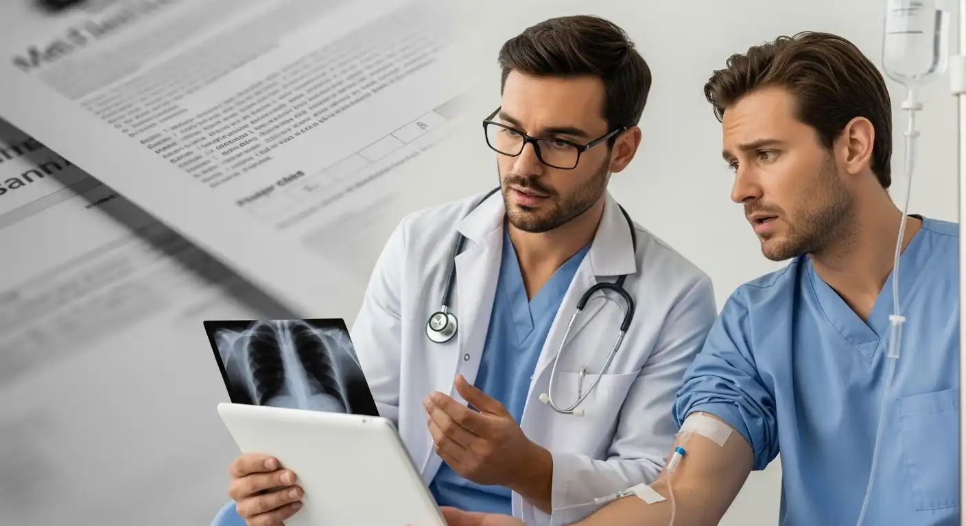A doctor and an assistant looking concerned while reviewing a chest X-ray on a tablet, with a blurred medical legal document in the background.
