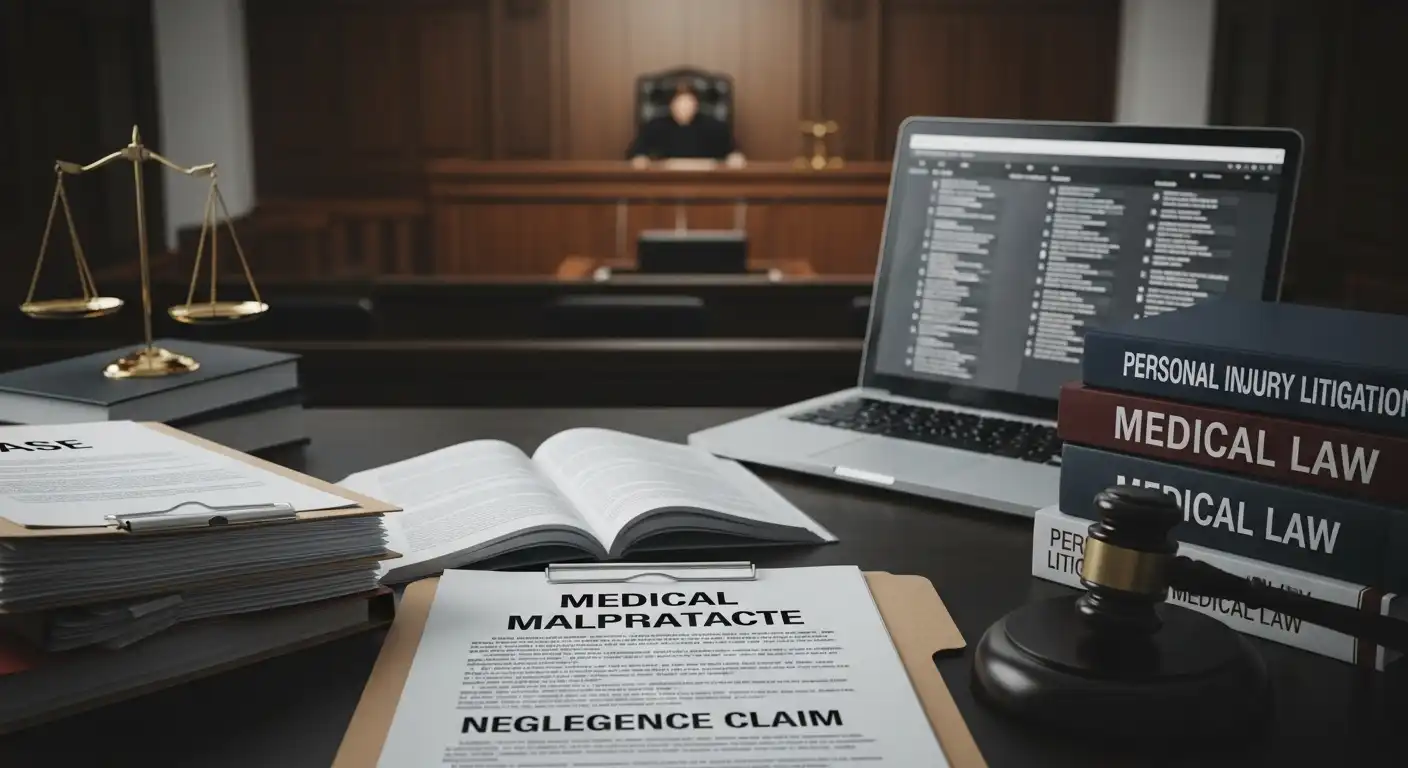 A legal desk in a courtroom featuring a "Medical Malpractice Negligence Claim" document, law books titled Personal Injury Litigation and Medical Law, a gavel, and scales of justice, with a judge sitting in the background.