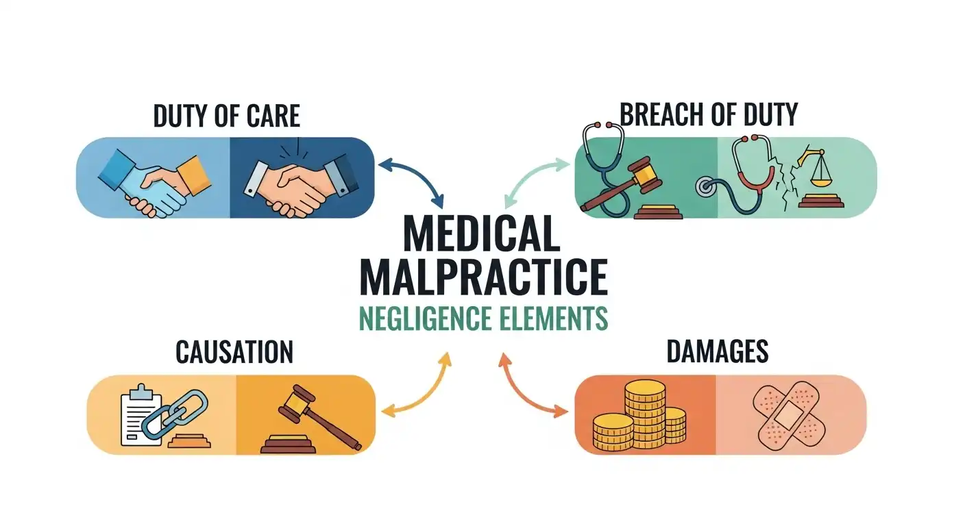 An infographic illustrating the four elements of medical malpractice: Duty of Care (represented by a handshake), Breach of Duty (medical tools and a gavel), Causation (a chain link and gavel), and Damages (coins and bandages).