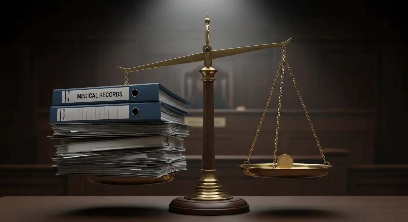 A set of golden scales of justice in a courtroom; one side is heavily weighted down by a thick stack of medical record binders and documents, while the other side holds a single gold coin, symbolizing the pursuit of financial compensation through medical evidence.