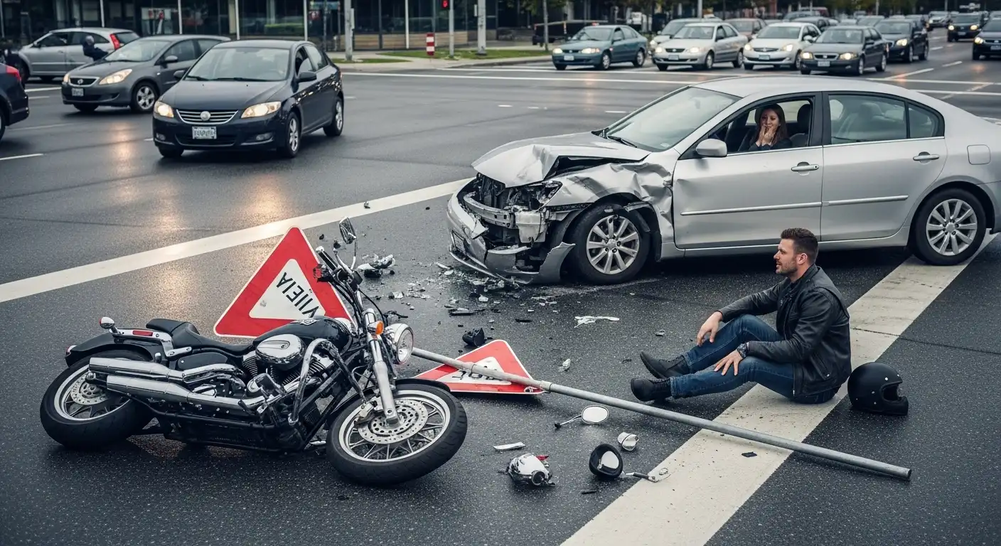 A motorcycle lies on its side in the middle of a busy city intersection after colliding with a silver sedan; the rider sits on the pavement next to his helmet while the car driver looks on in shock.