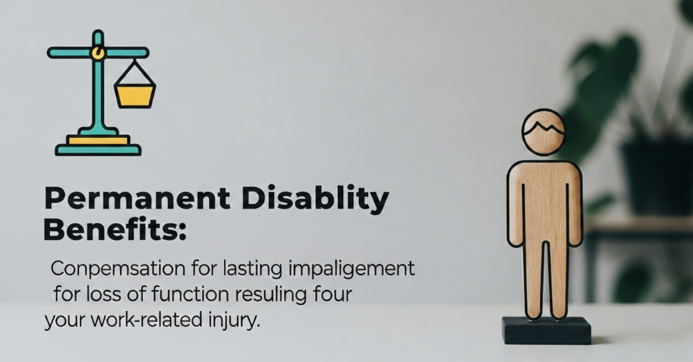 An educational graphic titled "Permanent Disability Benefits," featuring a scales of justice icon and a wooden human figure, with text explaining compensation for lasting impairment and loss of function resulting from a work-related injury.