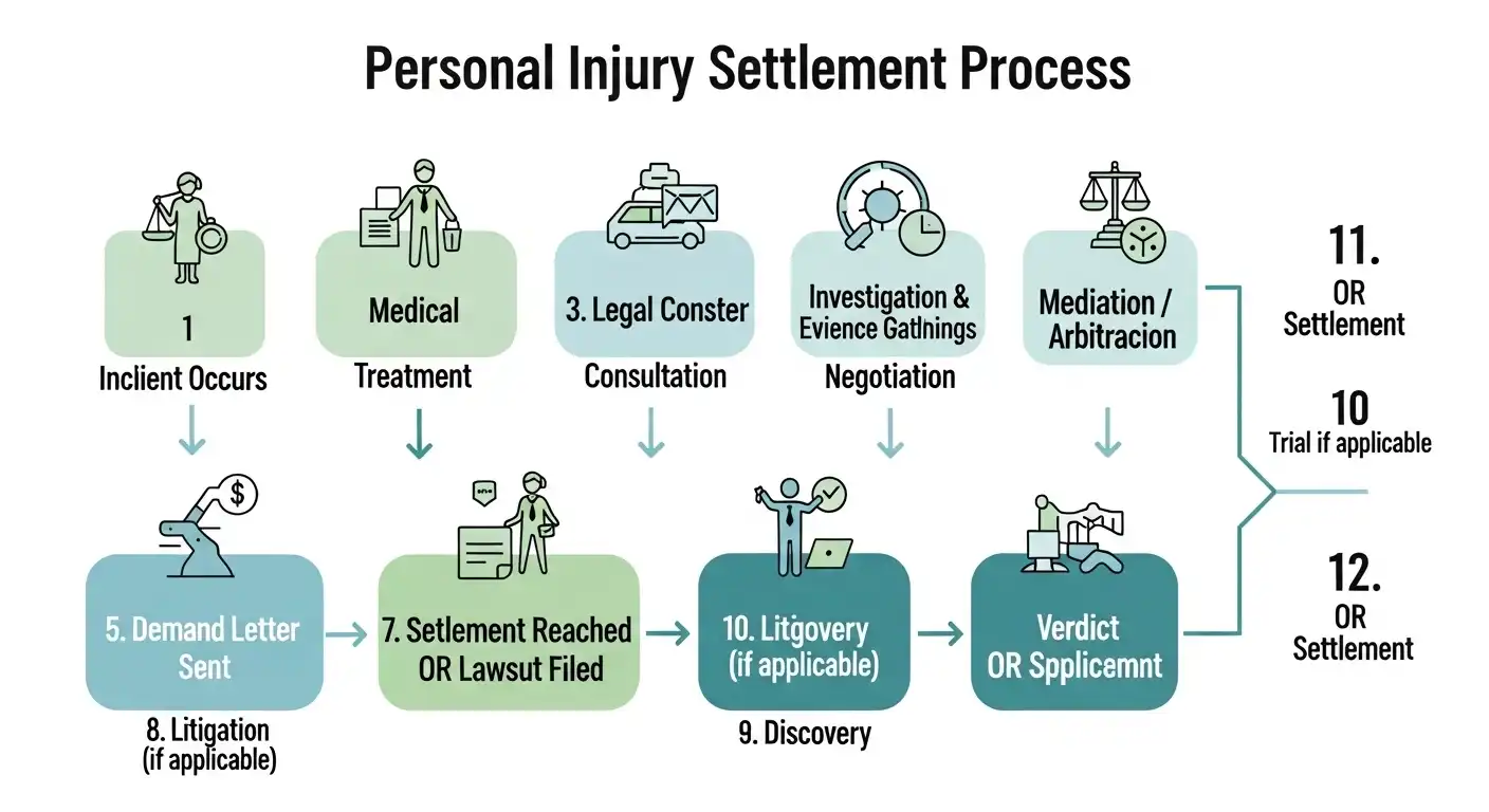 An infographic flowchart outlining the stages of a personal injury case, including incident occurrence, medical treatment, legal consultation, negotiation, and settlement or trial.
