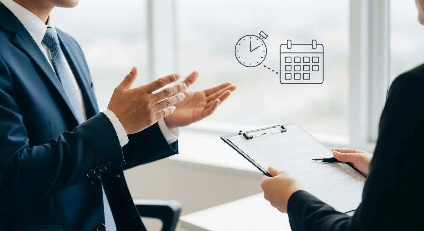 A legal professional in a suit gestures while explaining a case to a client holding a clipboard; floating icons of a stopwatch and a calendar appear between them, symbolizing legal deadlines and the statute of limitations for filing a claim.