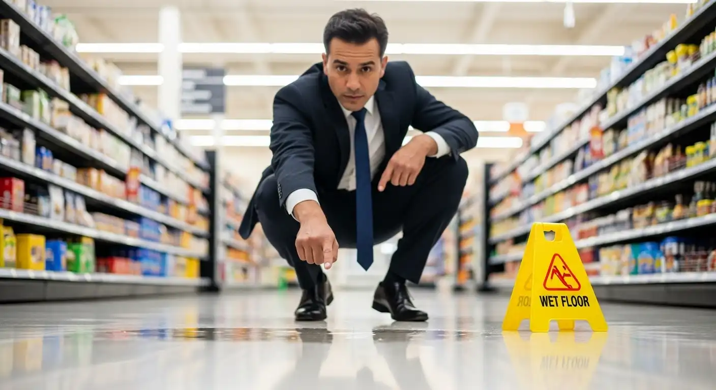 A man in a professional suit crouches in a grocery store aisle, pointing to a liquid spill on the floor next to a yellow "Wet Floor" sign, illustrating the process of gathering evidence for a premises liability claim.
