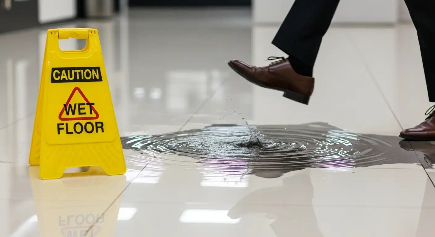 A close-up of a person's foot in a dress shoe stepping into a large, dark puddle of liquid on a shiny white tile floor; a yellow "Caution Wet Floor" sign is positioned nearby, illustrating a common cause of personal injury claims.