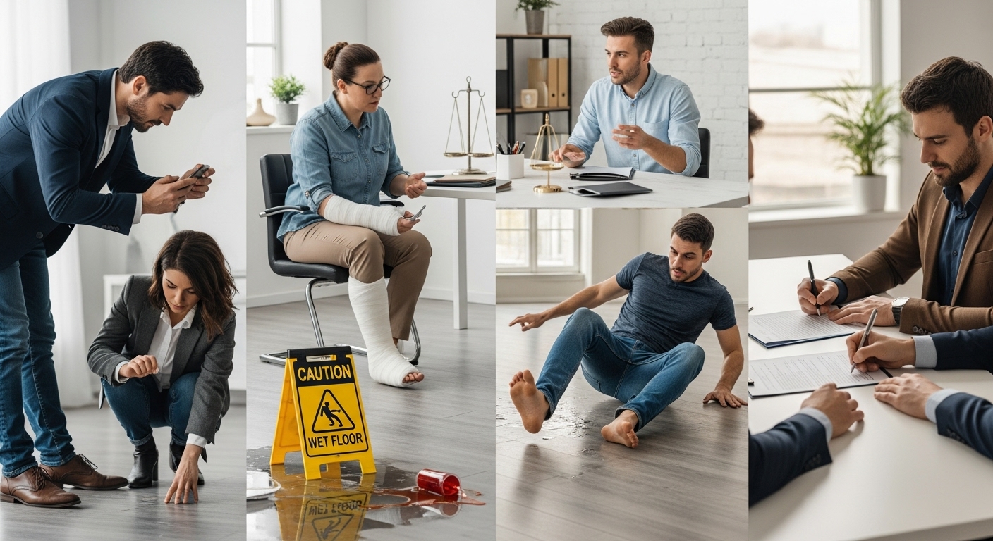 A professional infographic or conceptual image depicting the stages of a slip and fall claim, including medical treatment, evidence collection, filing the claim, and legal settlement negotiations.