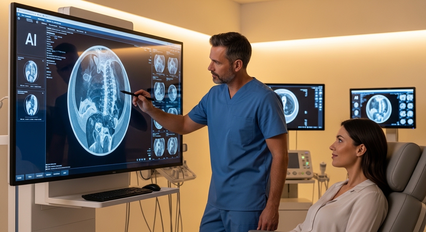 Doctor reviewing AI-enabled medical imaging before making a diagnosis
