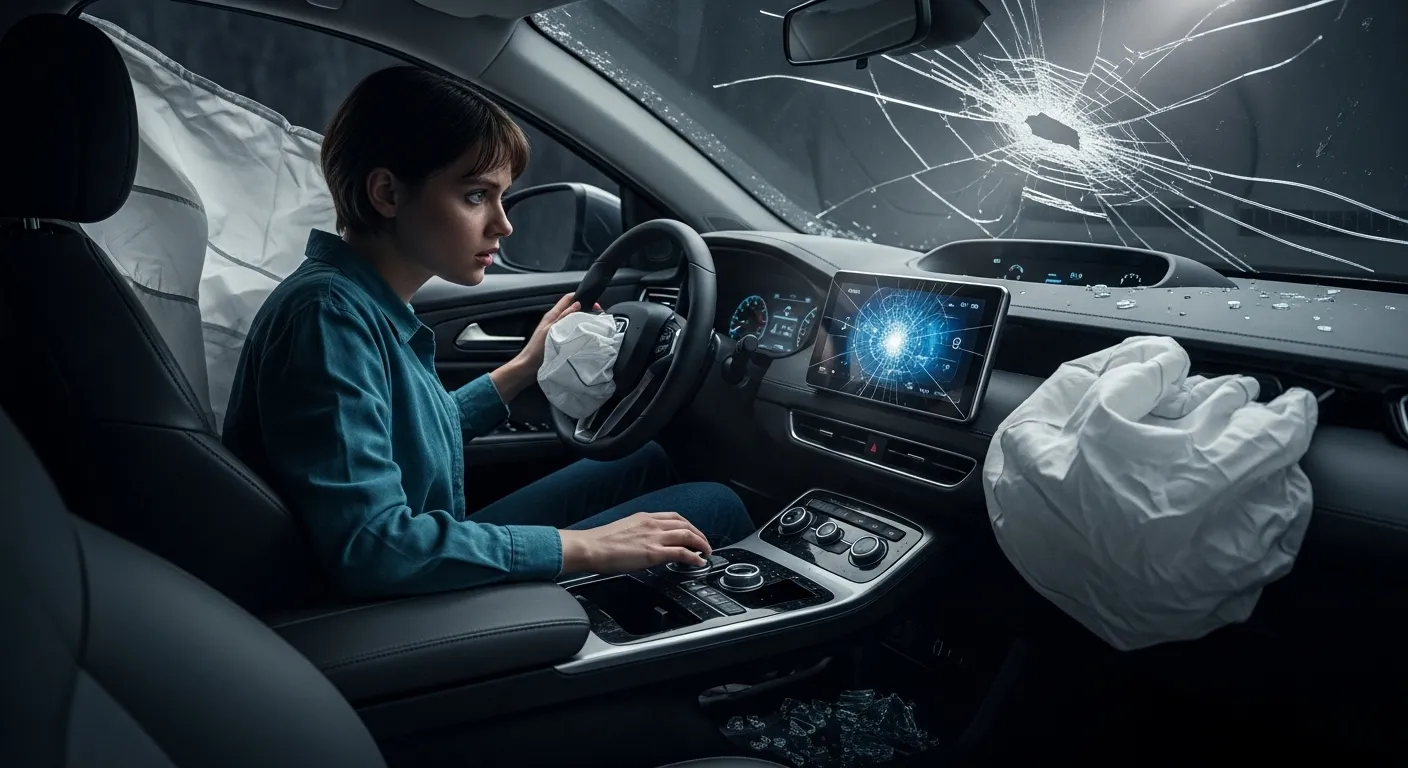 Interior of a self-driving rideshare vehicle after a crash