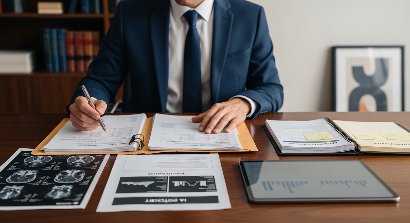 Lawyer reviewing AI medical malpractice evidence and patient records
