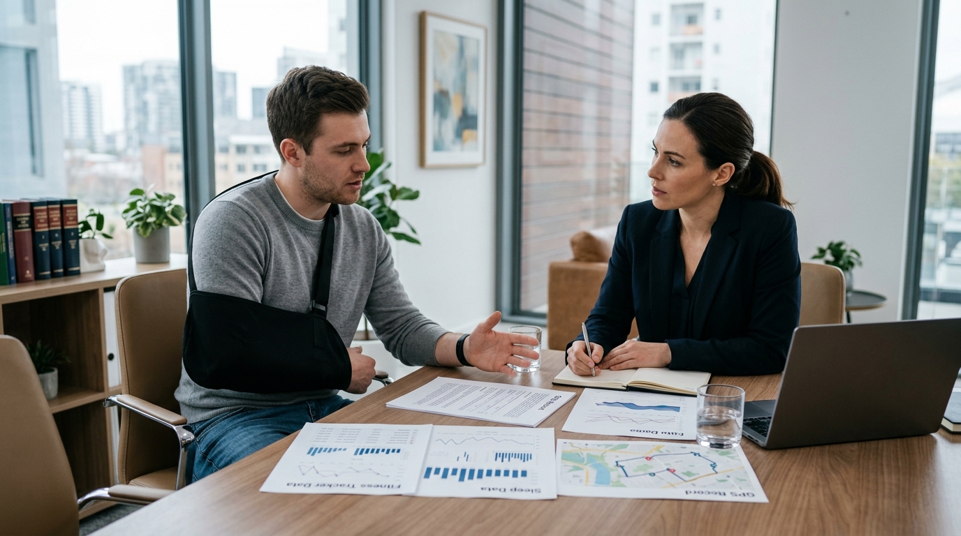 Injured person discussing smartwatch and GPS evidence with a lawyer