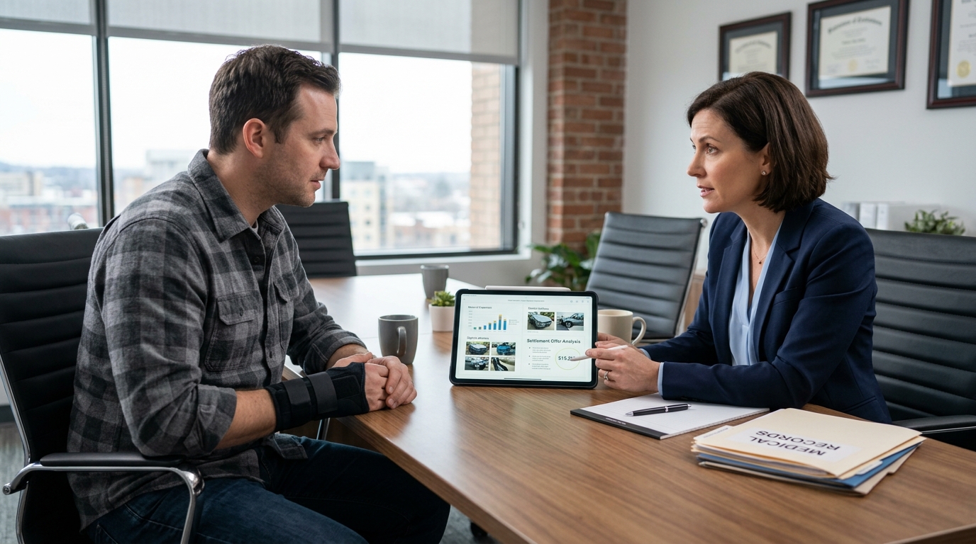 Lawyer explaining an AI-reviewed injury settlement offer to a client