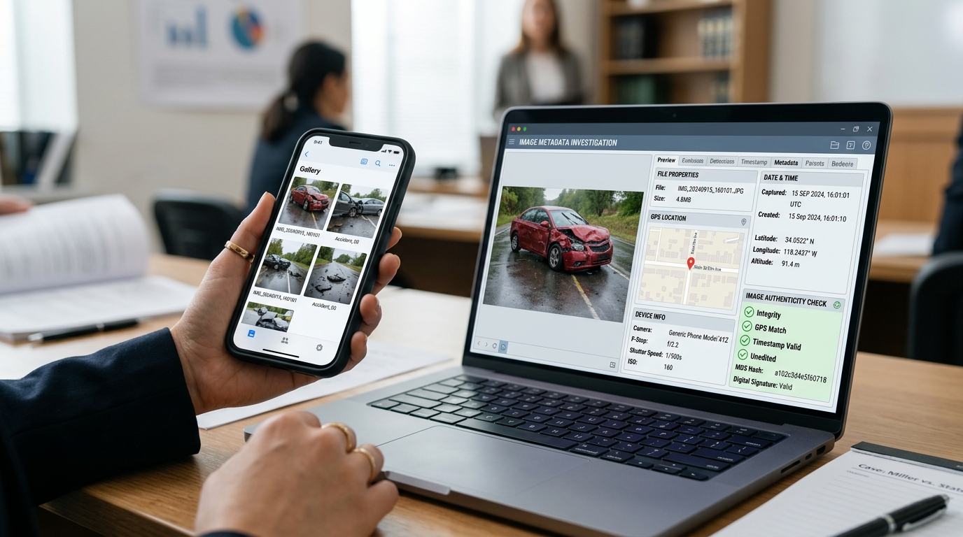 Accident photos, file metadata, timestamps, and GPS details reviewed for authenticity in an injury claim