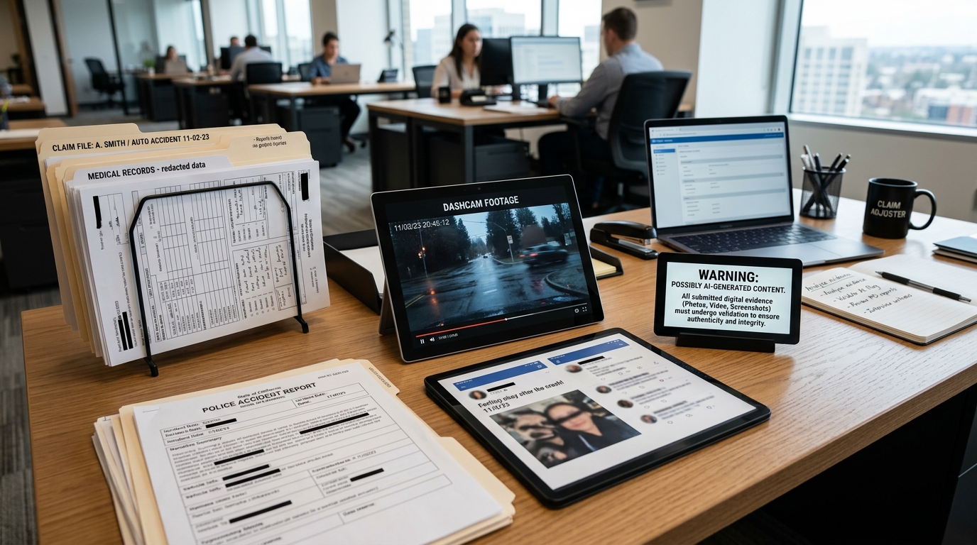 Insurance claim evidence review showing medical records, dashcam footage, social media posts, and AI-edited content warning