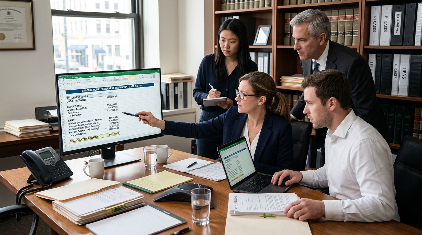 Legal team reviewing medical liens, insurance reimbursement claims, and final settlement deductions