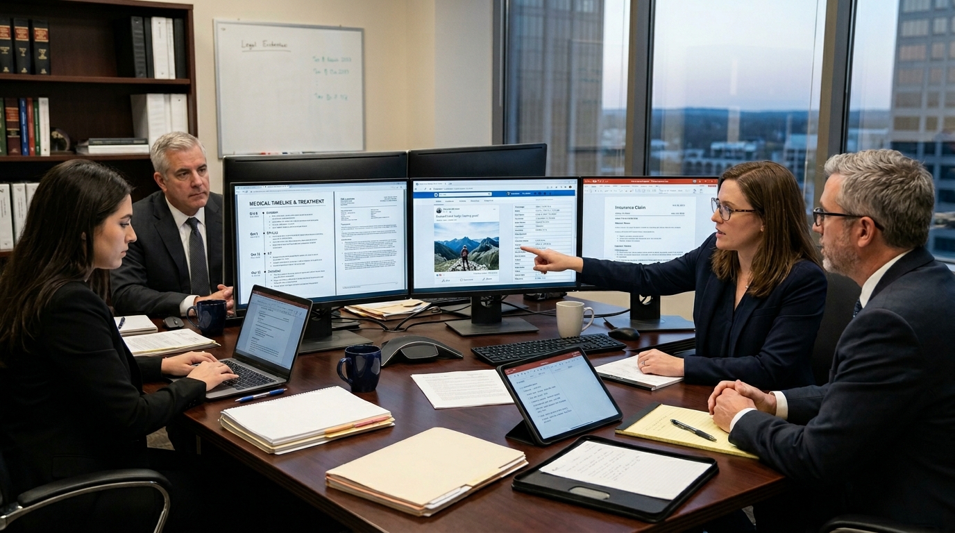 Legal team reviewing social media evidence, metadata, and medical timelines for a personal injury claim