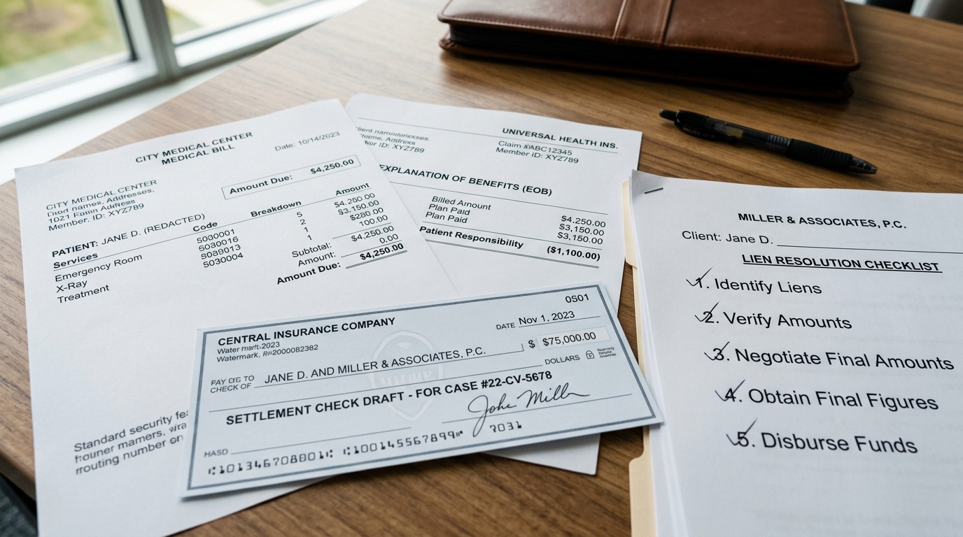 Medical bills, insurance forms, and lien resolution checklist used before a personal injury settlement payout