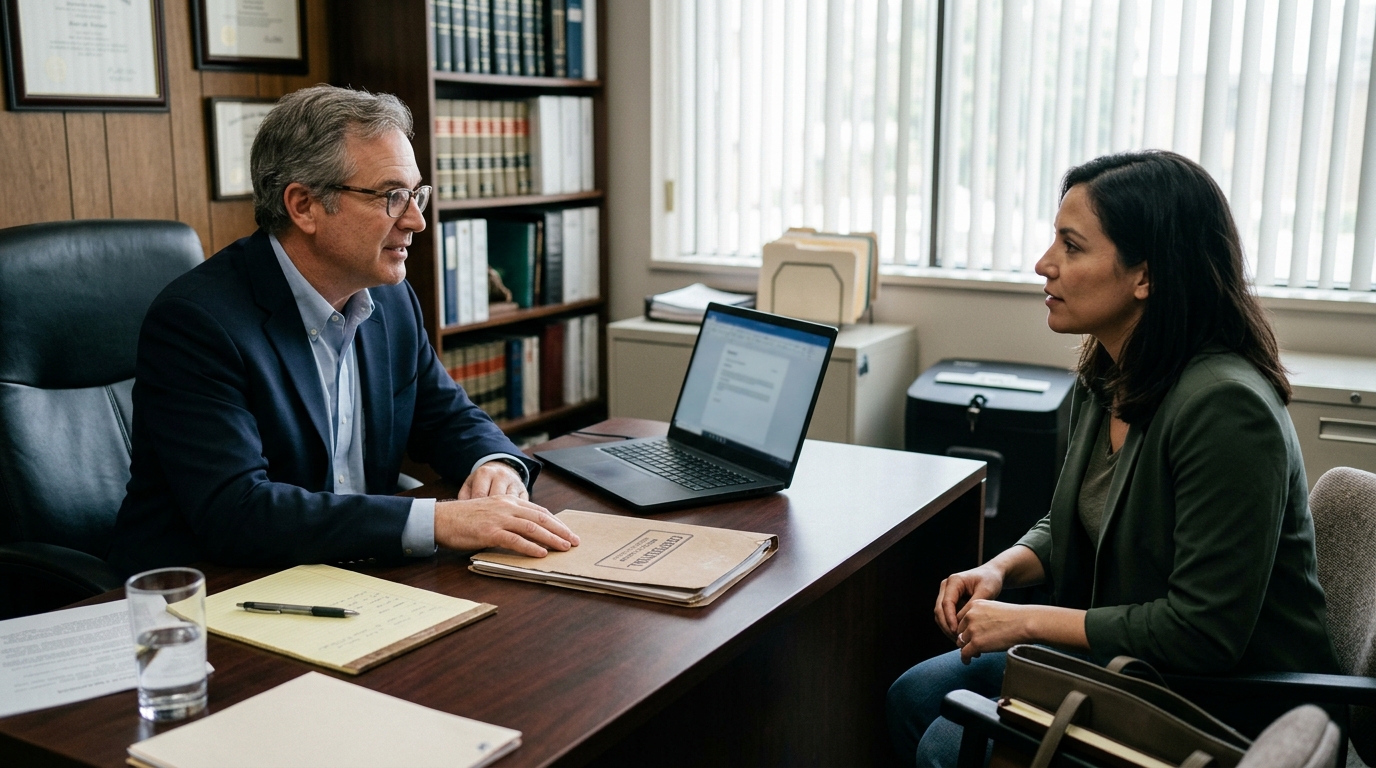 Personal injury attorney discussing confidential medical records and secure AI technology use with a client